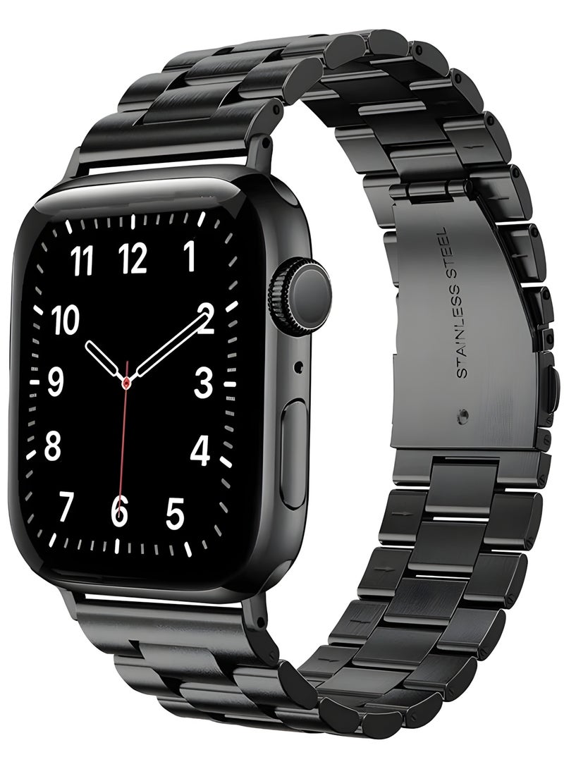 سوار ستانلس ستيل فاخر للساعات الذكية مقاس 42–49 مم مع قفل فراشة مزدوج بزر أمان – تصميم أنيق وثبات قوي سوار بديل من فولاذ مقاوم للصدأ لساعات آبل ووتش مقاس 38 و40 و41 و42 و44 و45 و46 و49 ملم سيريز 10 و9 و8 و7 و6 و5 و4 و3 و2 و1 وSE وSE 2 الترا 2 والترا - أسود - Image 1